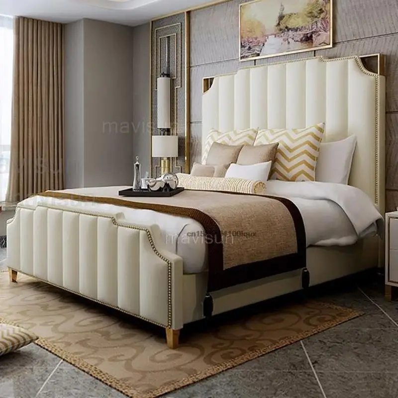 Leather Bed Wooden Bed Light Luxury Double Bed For Bedroom High-end Furniture For Villa With Storage White Leather King Size Bed With 2 Nightstands