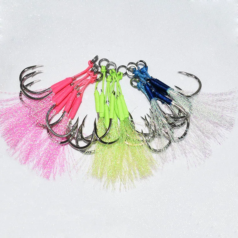 5 Paar Jig Tail Assist Haken aus Metall 10–20 # Mit PE Line Feather Solid Ring Jigging Angelhaken für 20–150 g Köder-Angelhaken – Detail 3