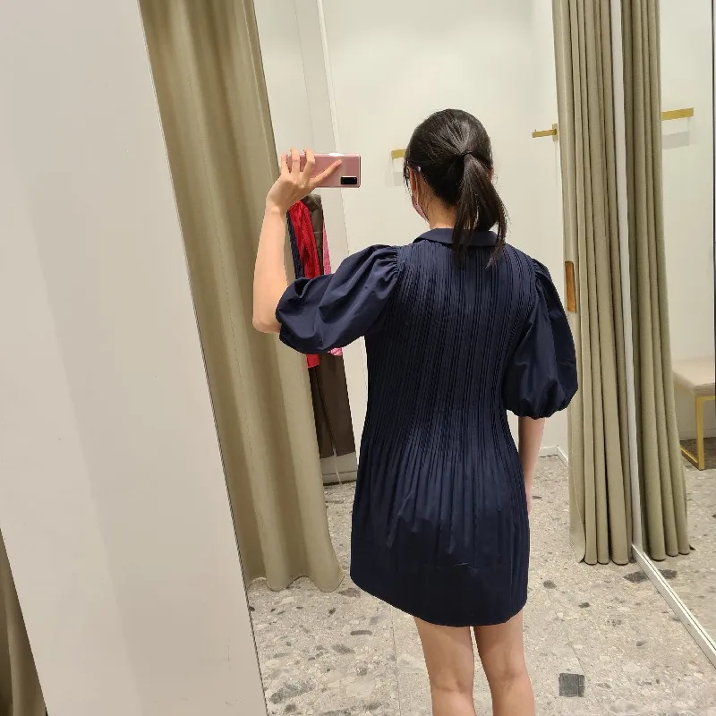 

Women V-Neck Vintage Single Breasted Pleated Puff Sleeve Mini Dress
