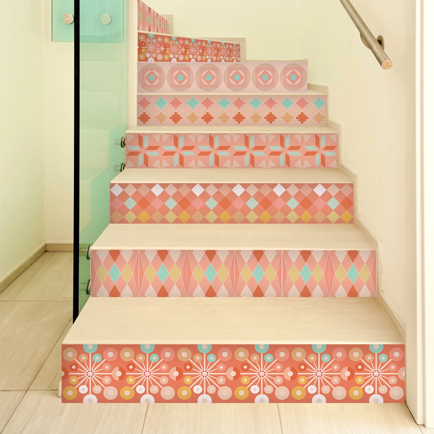 Description Picture 5 of item6PCS Floral Mural Stair Stickers Mural Adhesive Abstract Tiling Decals Stairway Riser Cover Cabinet Refrigerator Wallpaper Decor