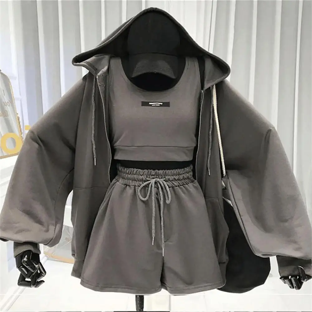 

Women Hoodie Pocket Design 4 Colors Three Pieces Women Coat Drawstring Shorts Vest Set Polyester Thin Coat for Female
