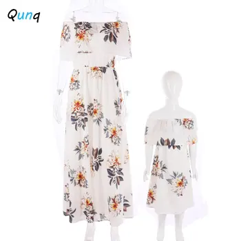 Qunq Summer New Parent-Child Outfit One-Line Shoulder Printed Chiffon Temperament Casual Dress Mom And Daughter Matching Clothes 6