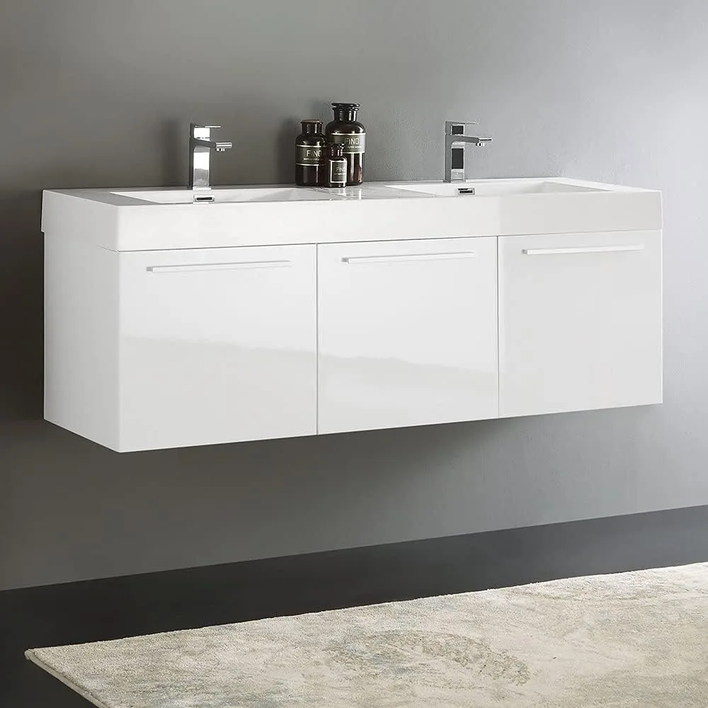 60 Inch White Wall Hung Modern Double Bathroom Vanity - Includes Integrated White Sink with 3 Cabinets - Faucet Not Included 4