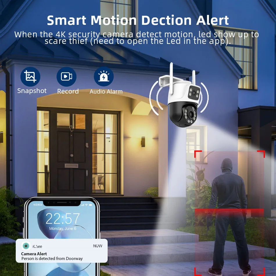 Wifi PTZ Camera 4K 6MP IP Camera Outdoor Dual Lens Dual Screen AI Auto Tracking CCTV Audio Video Surveillance Support XMeye NVR 4