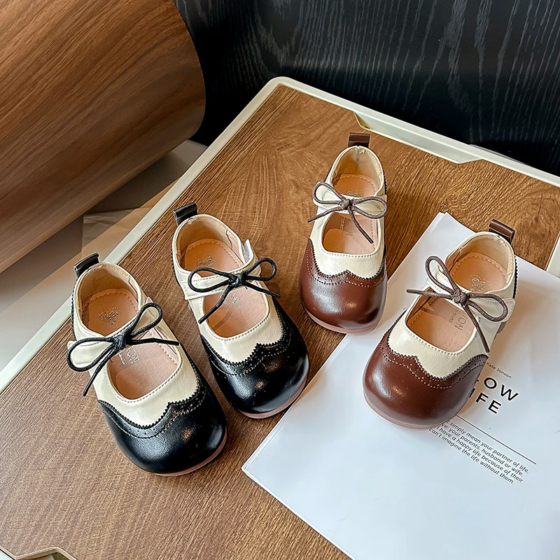 Leather Girls School Shoes with Bowknot for Spring Autumn