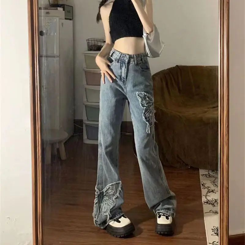 American retro butterfly print flared jeans women spring autumn high waisted Y2K street hip hop personality Simplicity jeans personality cartoon women jeans new autumn and winter fashion loose high waist jeans street clothes printed straight leg pants