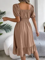 Msfilia Leisure Square Collar Spring Summer Dress Women Short Sleeve Loose Waist Design Lotus Leaf A-shaped Print Dress - Image 3