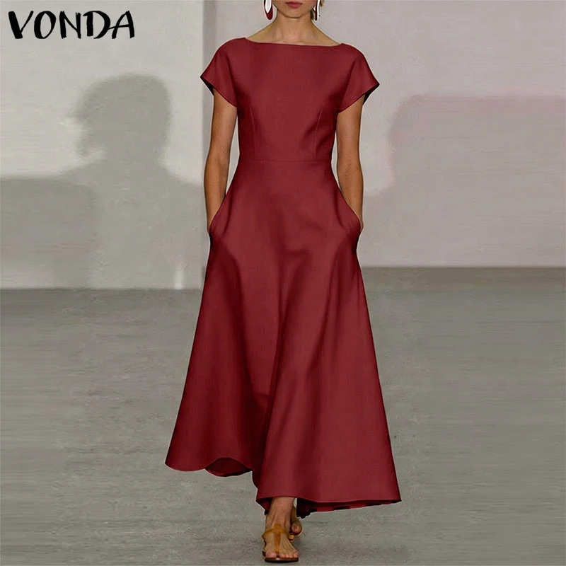 VONDA Elegant Party Women Dress A-line Summer Short Sleeve Long Maxi Dresses OL Work Casual Streetwear Solid Color Vestidos 3