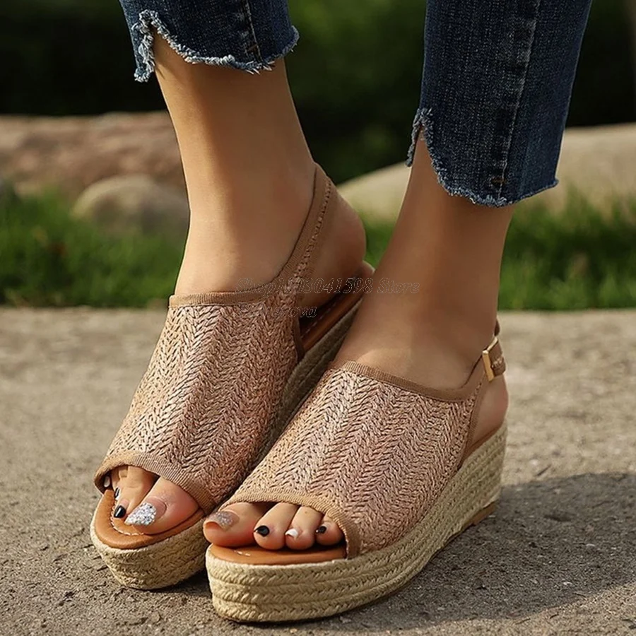 

Simple Comfort Bottom Heel Straw Shoes Sandals Buckle Open Toe Knit Women Shoes High Heel Shoes 2023 New Zapatos Para Mujere
