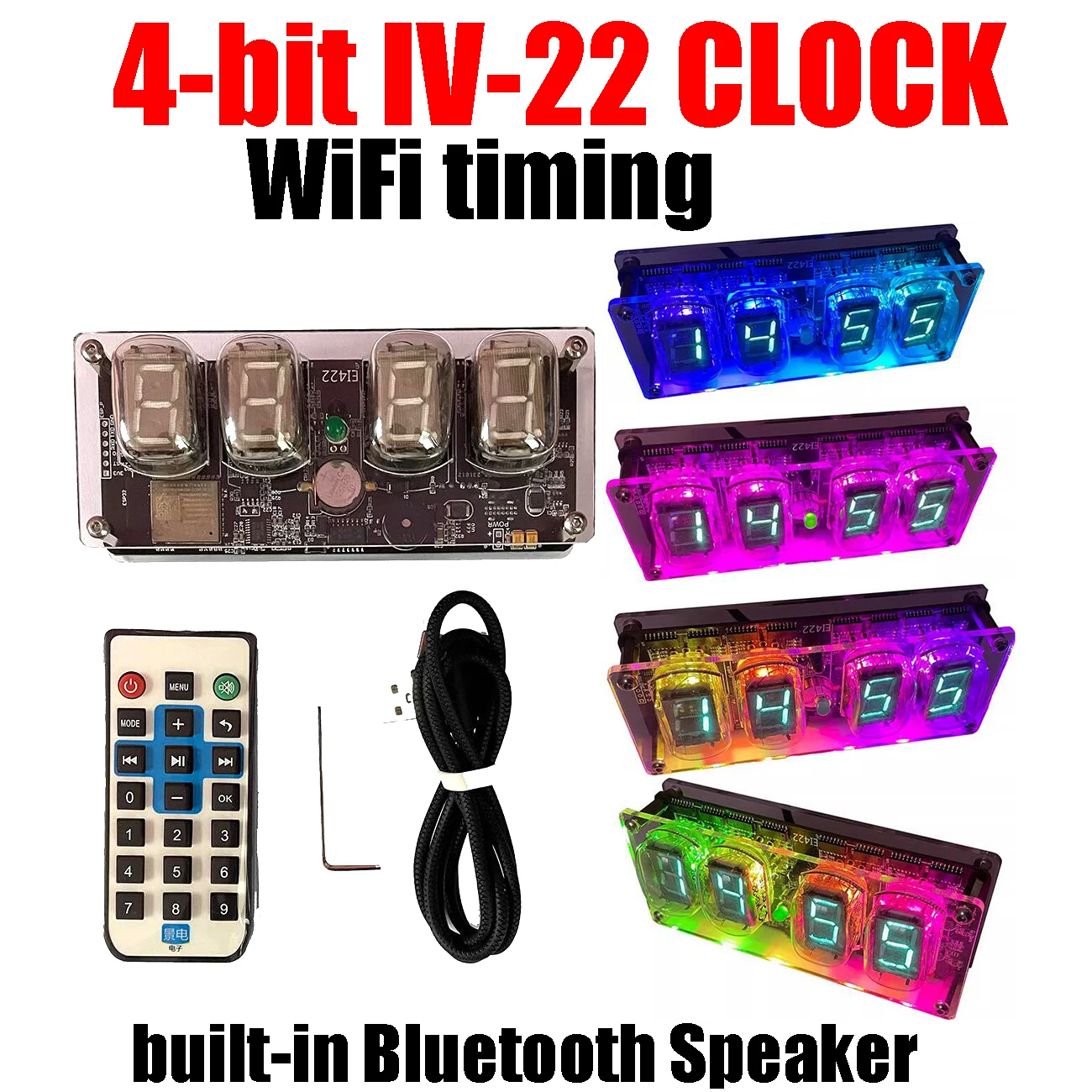 

4-bit IV-22 Fluorescent Tube CLOCK WiFi Timing Electronic Tube CLOCK Time Data Temperature Display Alarm Clock Bluetooth Speaker