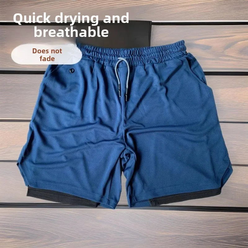 Men's Casual Sports Shorts Summer Mobile Phone Earphone Hole Double Layer Pocket Zipper Leisure Fashion Men's Shorts