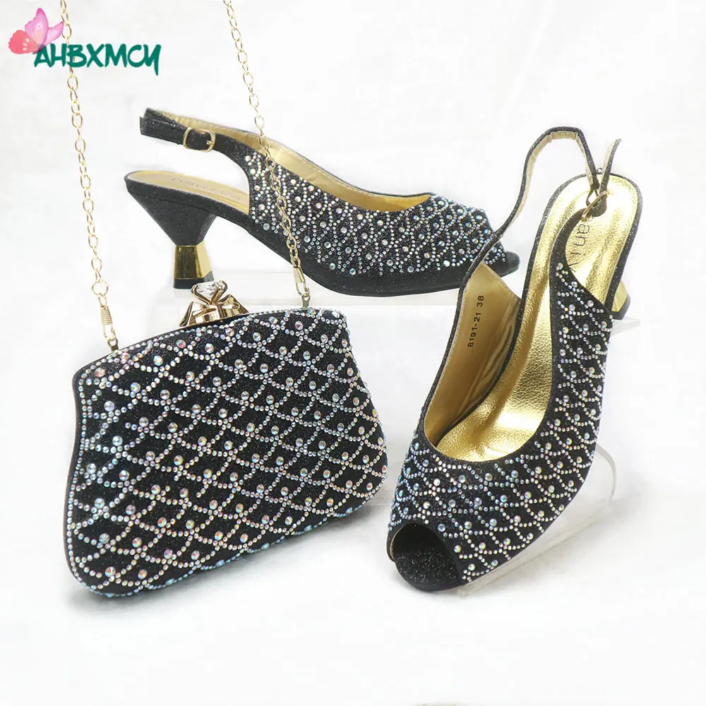 Sweet Style Italian Design Shoes And Bag Set In Black Color Decorate With Rhinestone Mid Heels