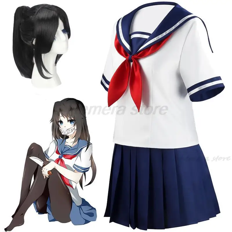 

Yandere Simulator Ayano Aishi Cosplay Costumes Game Anime Girls JK Uniform Outfit Sailor T-shirt with Skirt Black Wigs Set Party