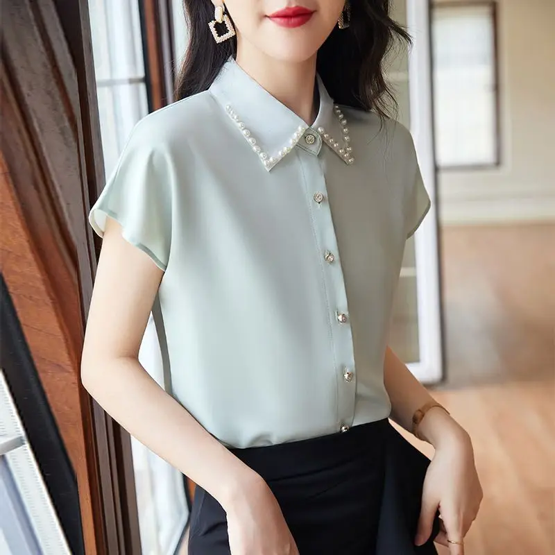 

2024 New Solid Color Shirt Women's Summer Thin Fashion Commuter Polo Neck Button Beading Chic Loose Short Sleeve Chiffon Blouses