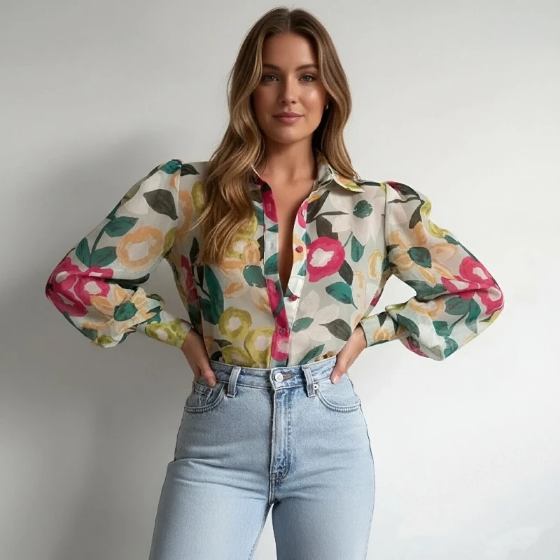 Fashion Lapel Lantern Sleeve Blouses 2025 Spring Office Lady Vintage Floral Print Shirts Tops Button Up Long Sleeve Shirt 21620