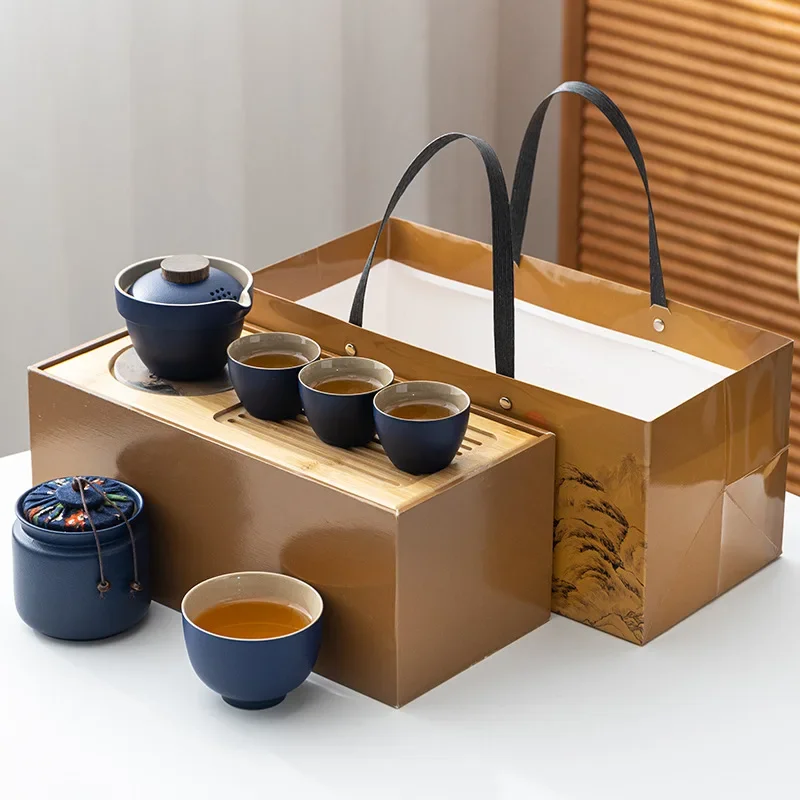 Travel tea set Kuaike cup, one pot, three cups, portable cover bowl, small set, outdoor kung fu set, tea advertising gifts