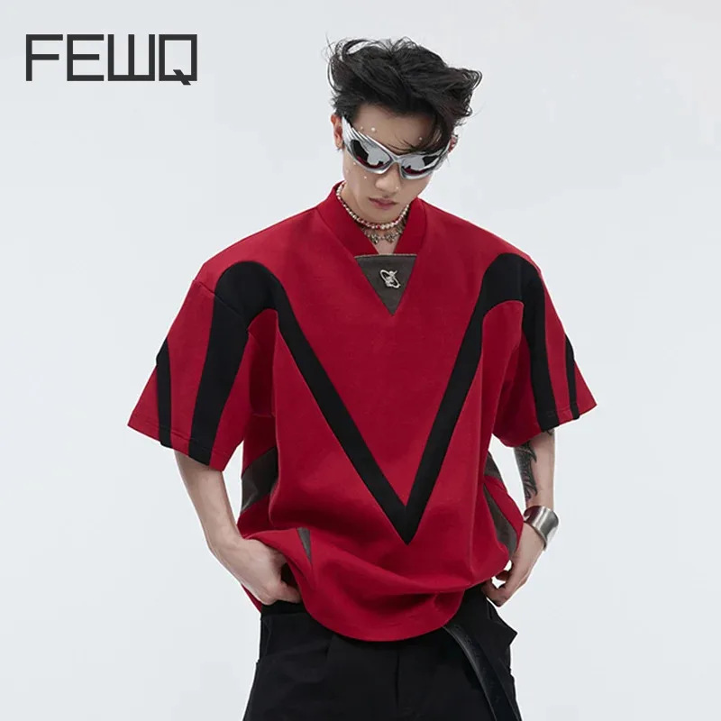 

FEWQ Patchwork Men's T-shirt Shoulder Pad Design Round Collar Short Sleeve Loose Contrast Color Male Top 2024 Summer New 24Y180