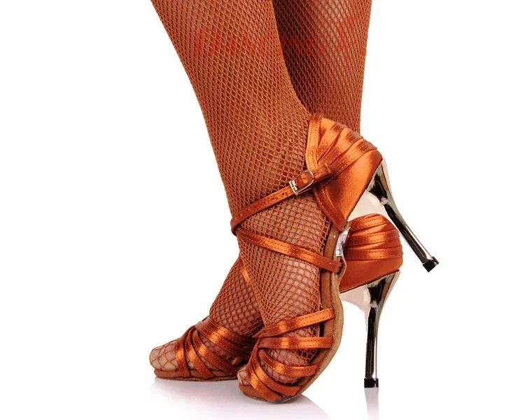 BD Girls Latin Dancing Shoe Dark Tan Satin Fabric Gold 3" Heels Women Rumba Chacha Samba Paso Doble Jive Dance Shoe 2324 6