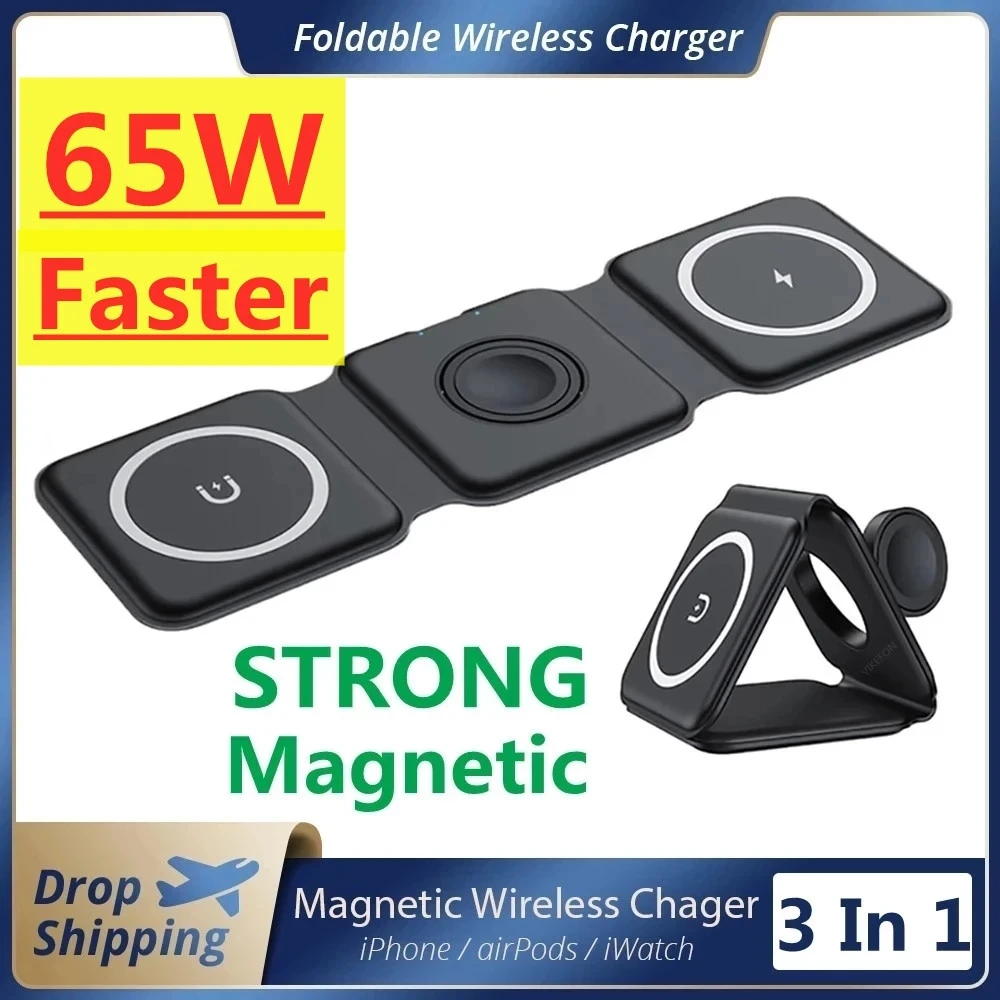 65W 3 in 1 Wireless Charger Pad Stand for iPhone 14 13 12 Pro