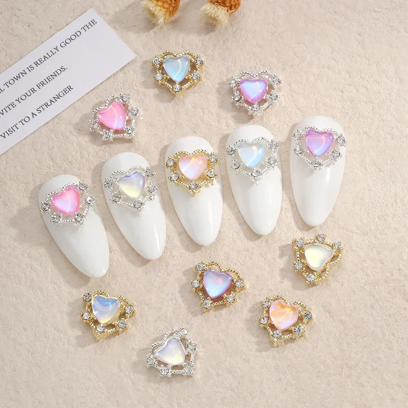 

10Pcs Kawaii Aurora Heart Shaped Designer Charms For Nail Art Alloy Accessories Gems Jewelry For Multi-Colors Nail Rhinestone