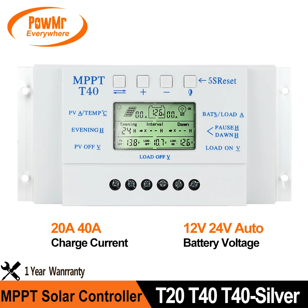 Powmr Mppt 20A 40A Regolatore Di Carica Solare 12V O 24V Display Lcd Automatico Regolatore Fotovoltaico Controllo Doppio Timer Per Sistema Di Illumina