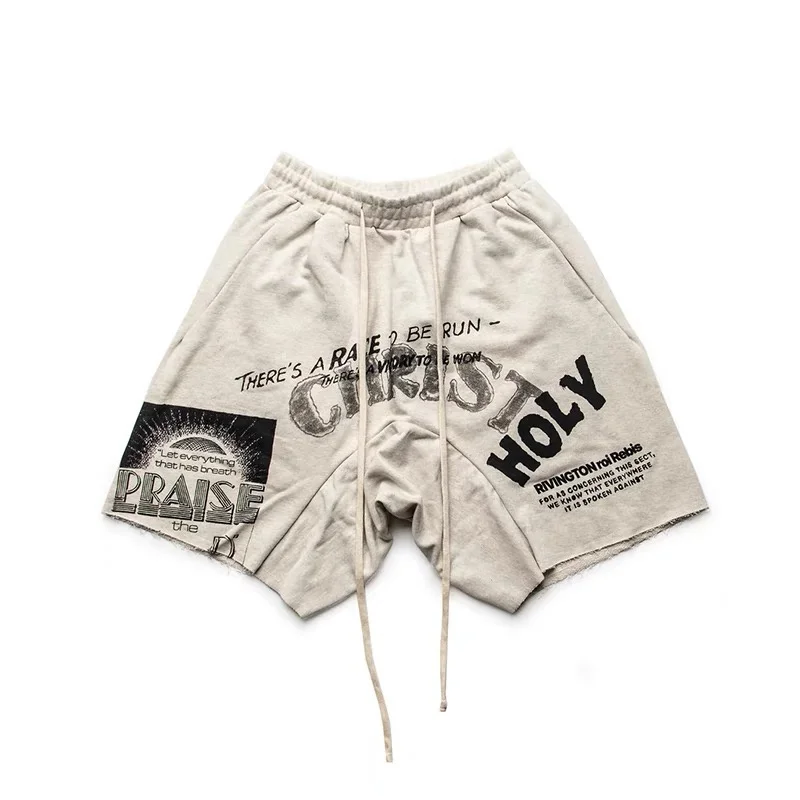 

2023ss RRR 123 Letters Printed Shorts Men Women High-quality Knife-cut Design Drawcord Grey Shorts