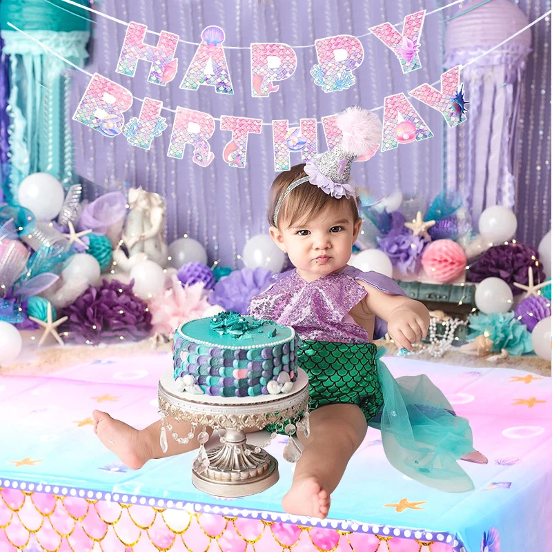 Mermaid Disposable Tableware Set Paper Plate Cup Napkin Tablecloth Kids Girls Little Mermaid Birthday Party Decoration Supplies