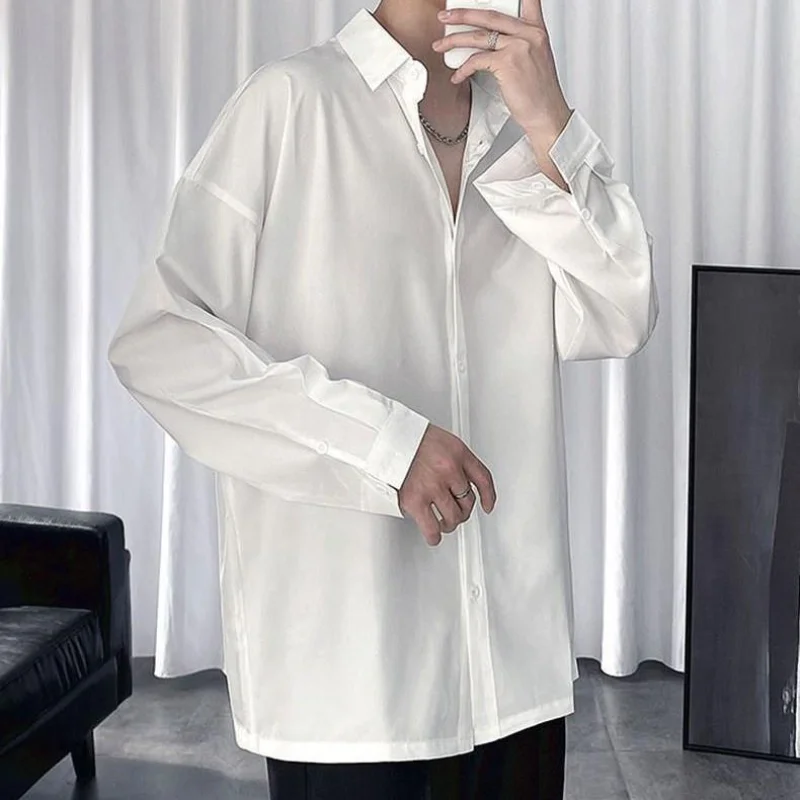 Korean White Blouse Spring Autumn New Long Sleeve Polo Neck Solid Color All-match Youth Shirt Tops Fashion Casual MEN CLOTHING