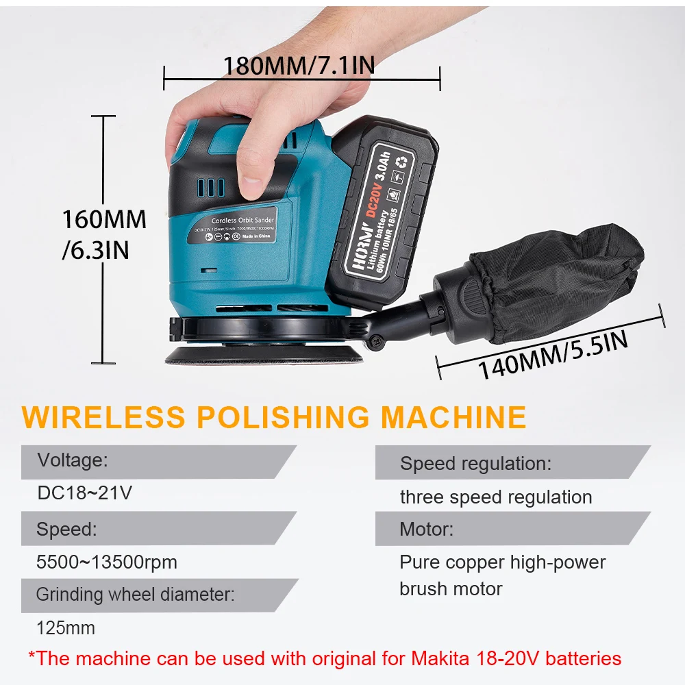 125mm Electric Sander Cordless Car Polisher Wood Grinder Polishing Grinding Sanding Machine 3 Speed Makita 18V Battery Tools electric grinder angle grinder electric sander cordless car polisher belt sander cordless sander pneumatic sander cordless grinder pneumatic grinder