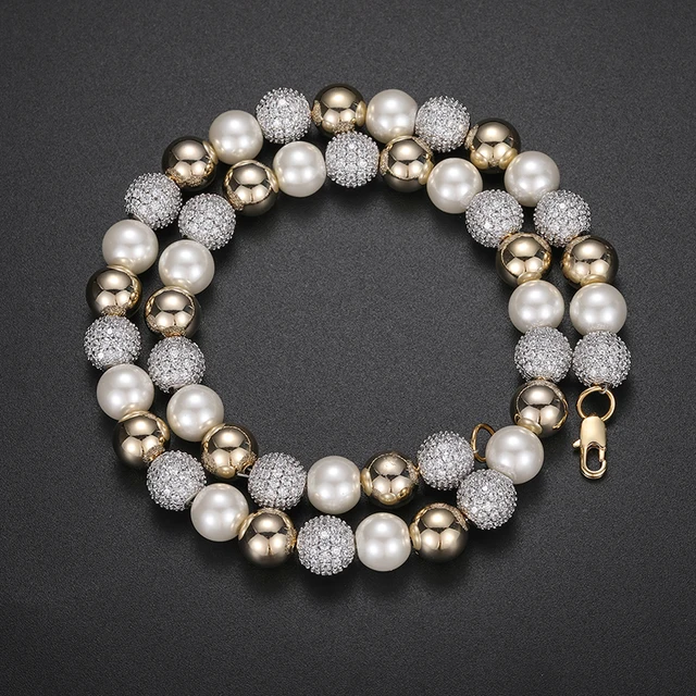 Imitation Pearl Men Necklace Hip Hop Bling Cubic Zircon Choker Chain - Image 4