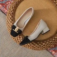 New Temperament Elegant Fashion High-heeled Shoes Women's Shoes Spring Bow Mid-heel Leather All-match Thick-heeled Shoes 2