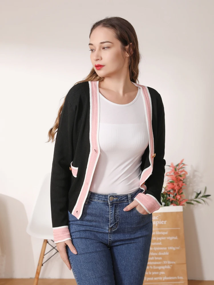 

Tricot Outerwear Crochet Top Black Cropped Korean Fashion Style Cardigan Female V-neck Knitted Ladies Sweaters Clothing Blouses