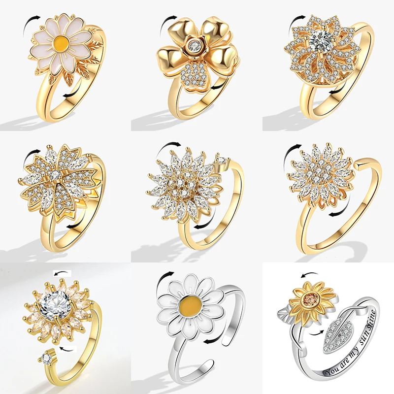 Fashion Fidget Spinner Ring Anxiety for Women Multiple Crystal Sunflower Finger Rings Rotate Anti Stress Jewelry Wedding Gift