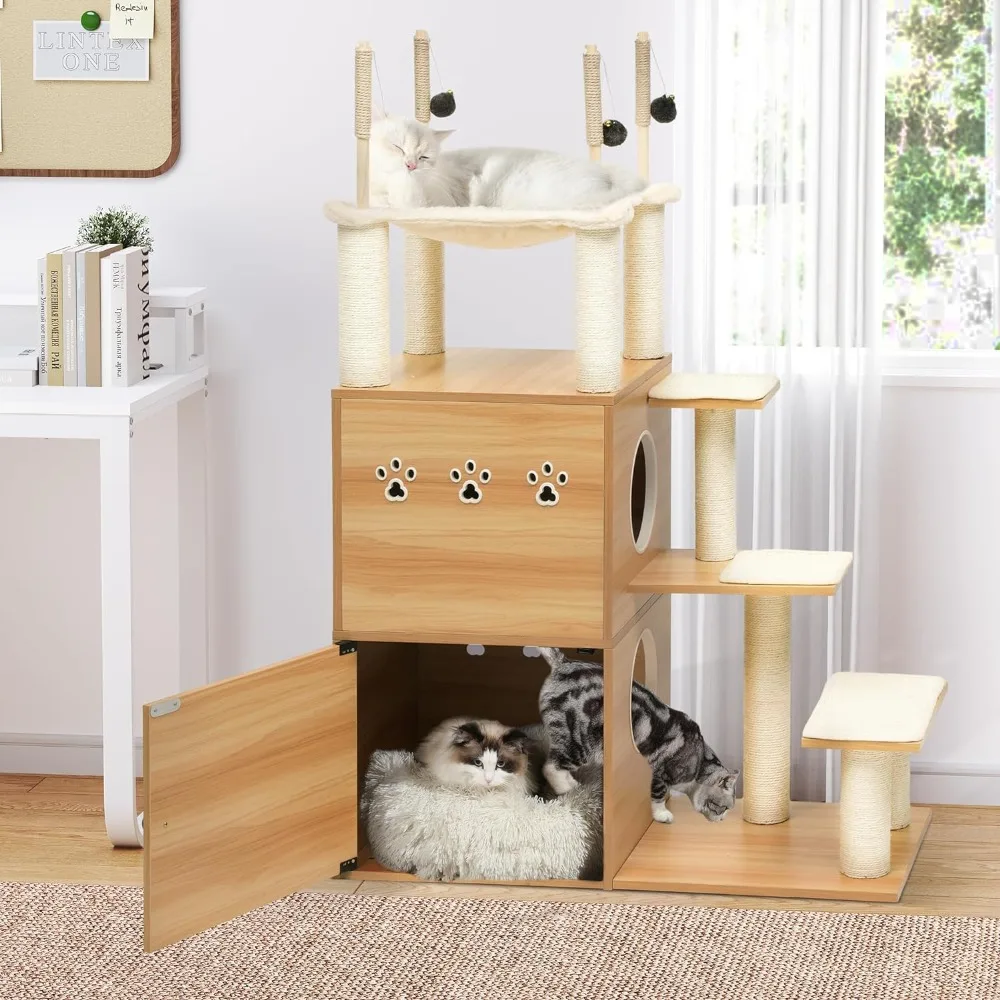 

Modern Cat Tree with Litter Box Enclosure, Hidden Litter Box Furniture, Large with Hammock, Wooden Condo House for Indoor Cats