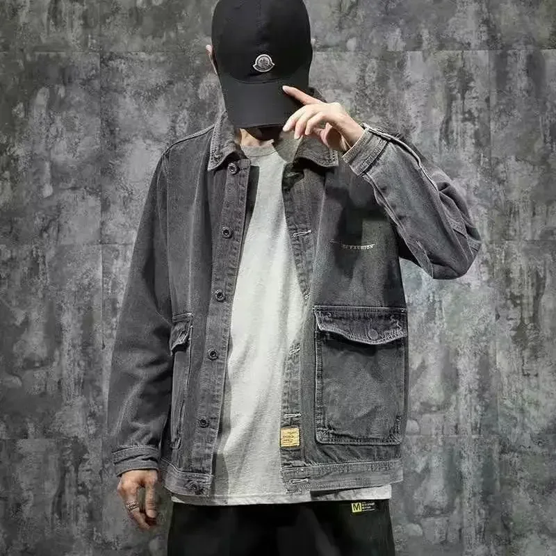 thumbnail image 1 of Chaqueta vaquera para hombre, otoño, estilo hip hop, abrigo vaquero para hombre con letras bordadas, precio más bajo, Y2k, holgada, de alta calidad, nueva, de tela, 1 of 5