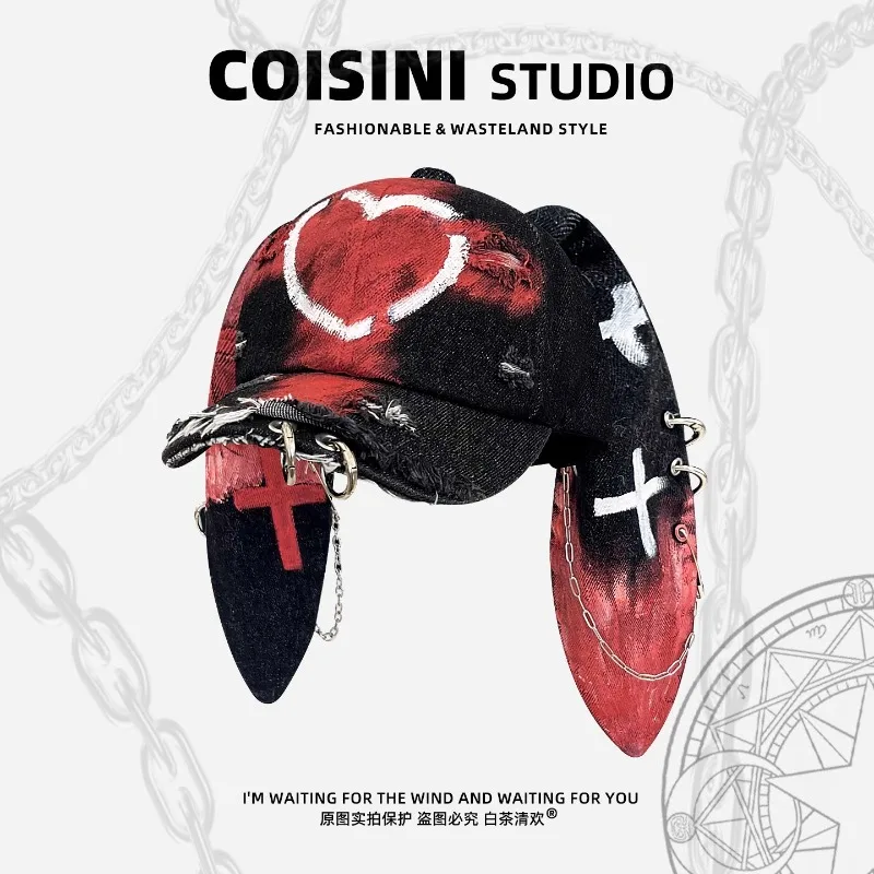 Designer Wasteland Style Love Graffiti Rabbit Ear Baseball Cap Y2K Herbst Winter Street Personality Hole Retro Denim Hats Unisex