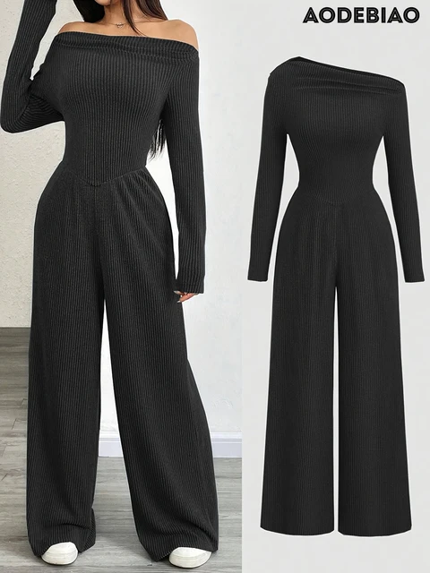 AODEBIAO Knitted Autumn Winter Jumpsuits Women Long Sleeves Black Fashion Rompers Female Slim Off-shoulder Casual New Jumpsuits 1