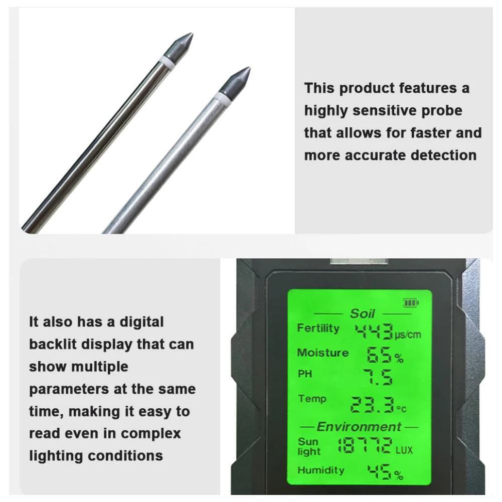 6 in1 Moisture Sunlight PH Meter Temperature Humidity Soil fertility Garden Plants Flowers Moist Tester Soil Moisture Sensor