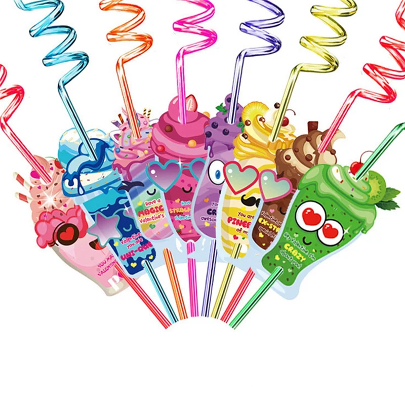 Straws For Children's Valentine's Cards, With Heart-Shaped Bags And Stickers, Are Used For Classroom Exchange.