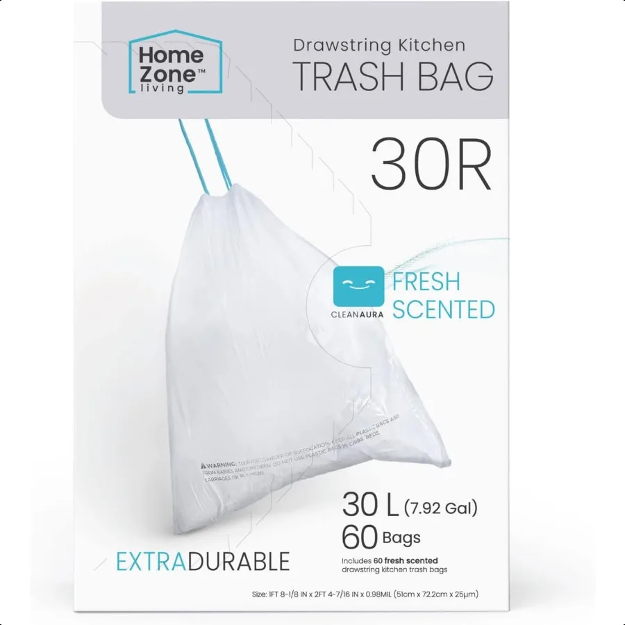 8 Gallon Kitchen Trash Bags with Drawstring Handles Heavy Duty Custom Fit Design for 30 Liter Dual Recycling Liners Code 30R 60