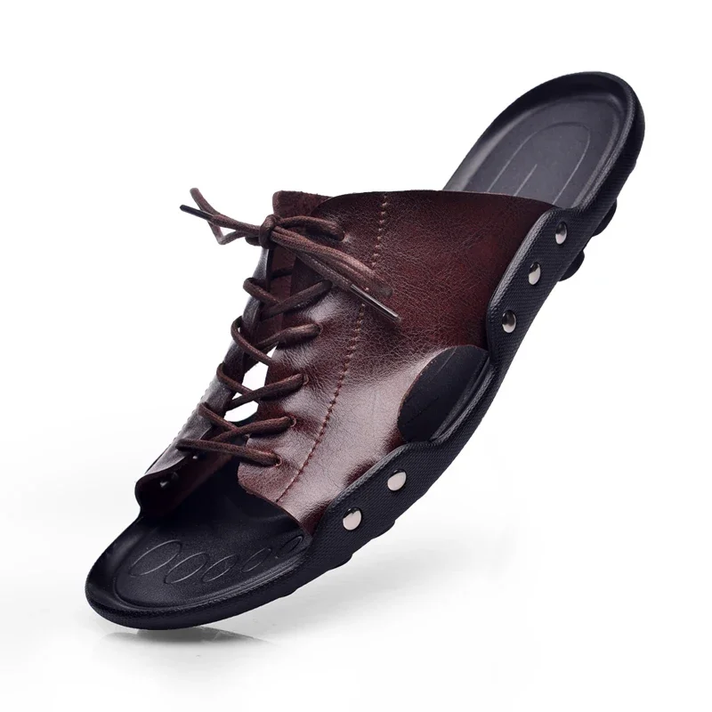 

summer tide mens slippers British fashion men sandals genuine cow leather lazy beach sandals flip flops men summer shoes