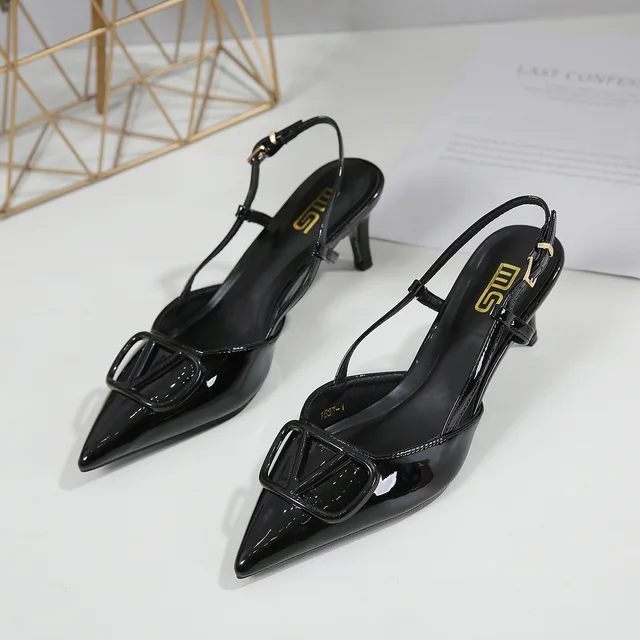 Luxury Quality Buckle Designed Lady Sandal 6CM/2.4inch Mid Heel Dress Shoes Pump Shoes 4