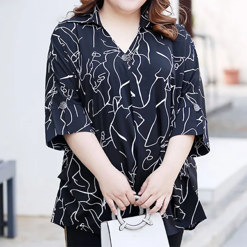 Lady Plus Size Chiffon Three Quarter Sleeve Shirt Spring Summer Clothes Office Lady V-Neck Wave Print Loose Pullover Midi Blouse