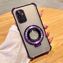 Crystal Clear Shockproof Magnetic Magsafe Stand Holder Case with Plating for A15 5G (PURPLE)