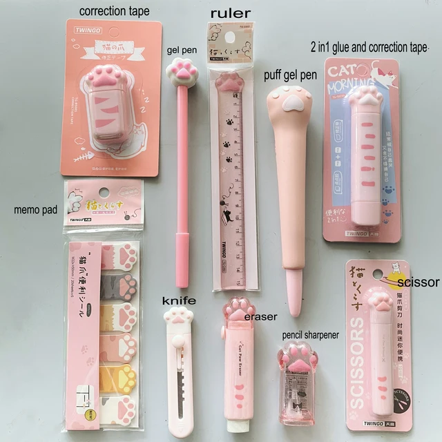 10 Pcs/set Kids Girl Pink Cat Paw Stationery Set Gel Pen Correction Tape Memo pads Eraser Knife Set 3