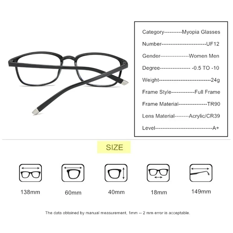 Prescription Glasses For Myopia -0.5 TO -10 Women Men TR90 Frame Spectacles Anti Blue Light Or Photochromic Grey Or Brown UF12