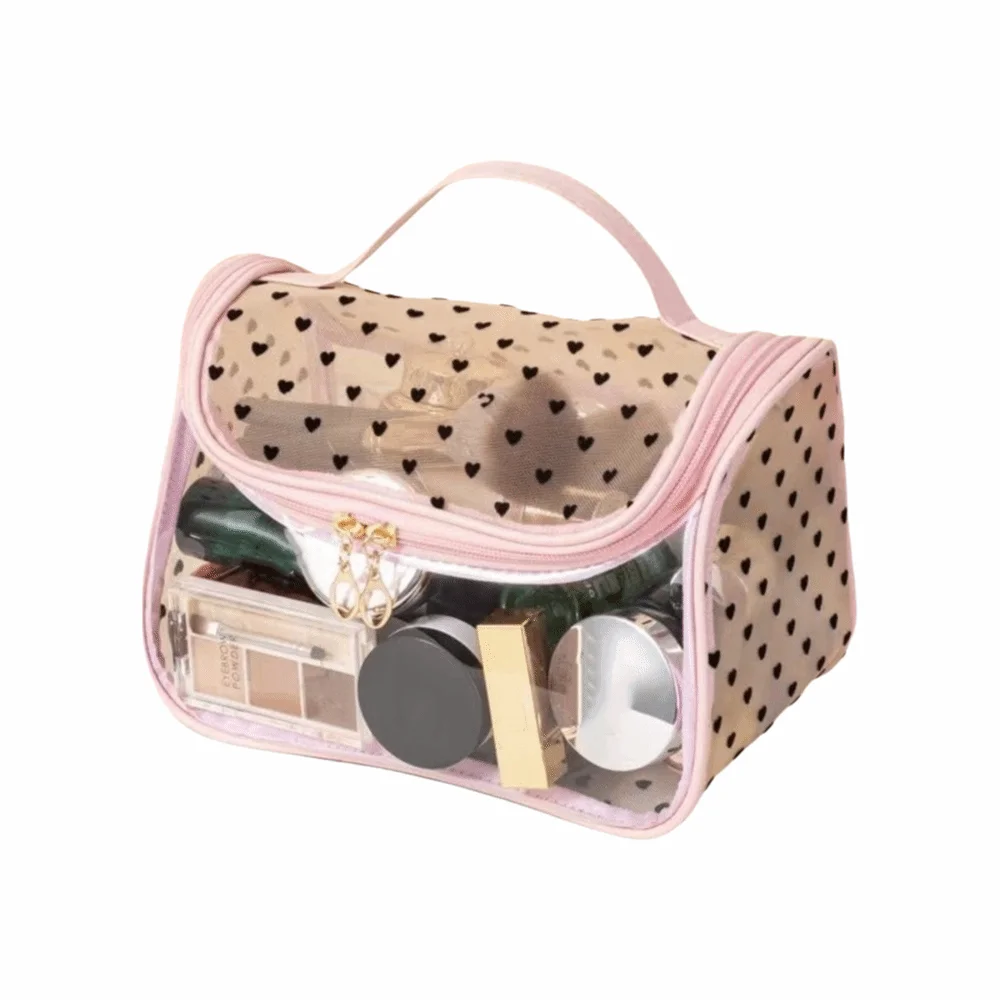 Tragbare Kosmetiktasche mit großem Fassungsvermögen, Netzstoff, Herzmuster, Reißverschluss, Toilettenartikel-Organizer, transparente Aufbewahrungstasche für den Außenbereich – Detail 8