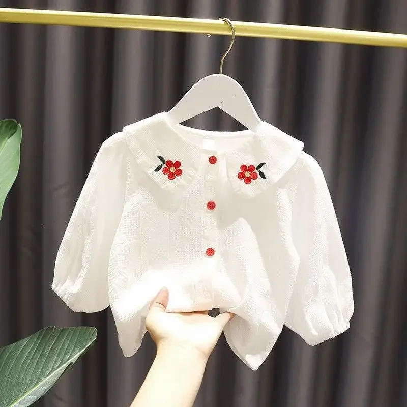 Girls' Shirt Spring and Autumn Polo Collar Pure Cotton Long Sleeve White Shirt Girls' Children's Top Blouse for Girls kids shirts