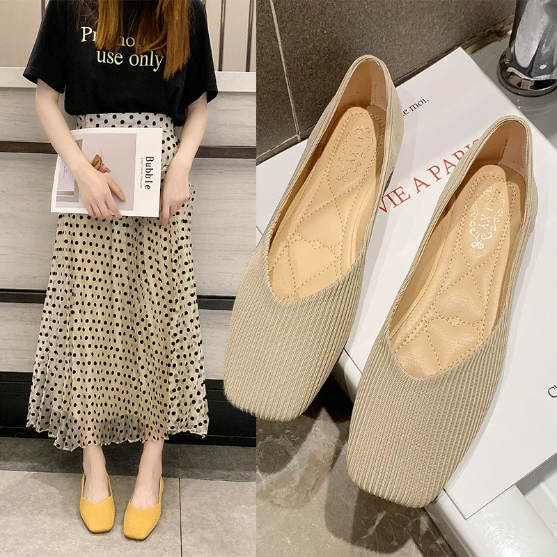 

Мягкие женские туфли на плоской подошве, модные туфли с закрытым носком и квадратным носком, платье на низком каблуке, новинка 2024, вязаная бабушка, эластичная ткань, резина, полиуретан