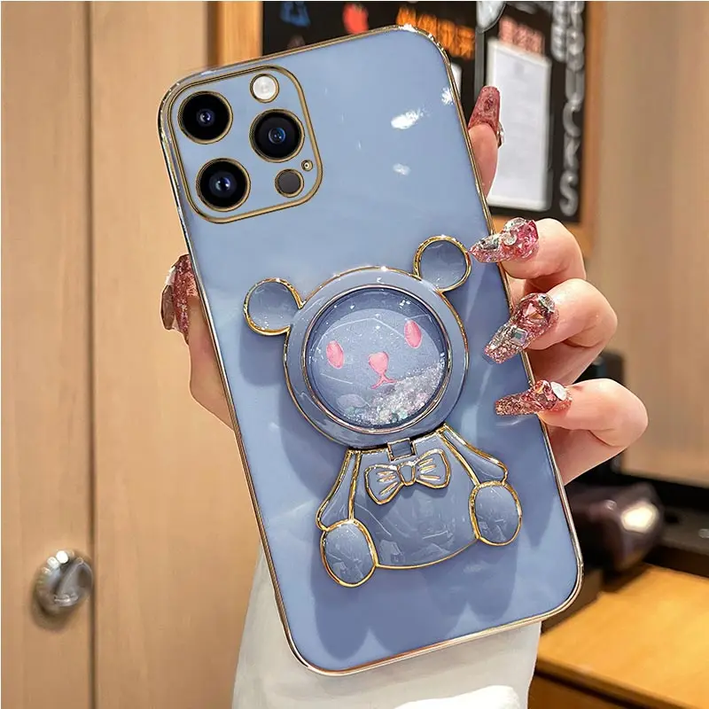 Coque de téléphone avec support de téléphone, miroir de sable mouvant, ours mignon, pour iPhone 14 11 12 13 Pro Mini 8 7 6 6S Plus 10 X Xr Xs Max Se_voghion.com